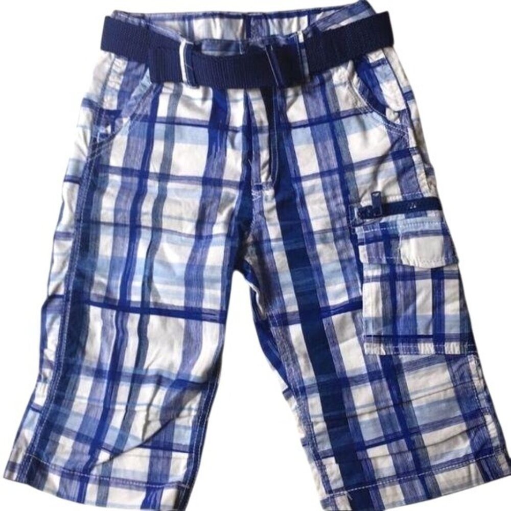 H&M Boys Blue Plaid Cargo Shorts With Adjustable Belt Size Boys 5 Cotton